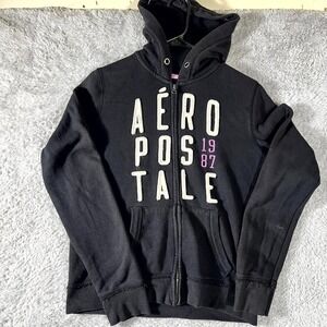 Aeropostale 87 Hoodie Womens Large Black Cotton Graphic Fleece Lined Full Zip